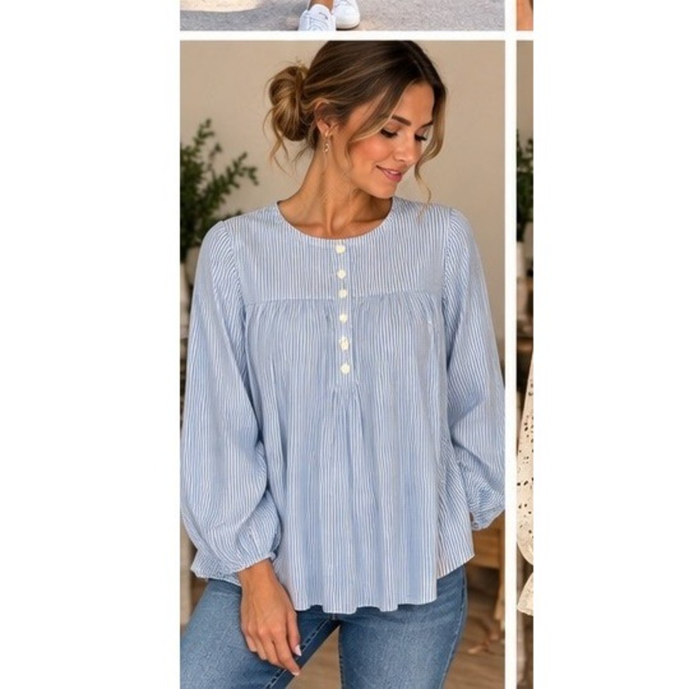Levis Womens Blue White Striped Button Front Pleated Blouse Size 2X